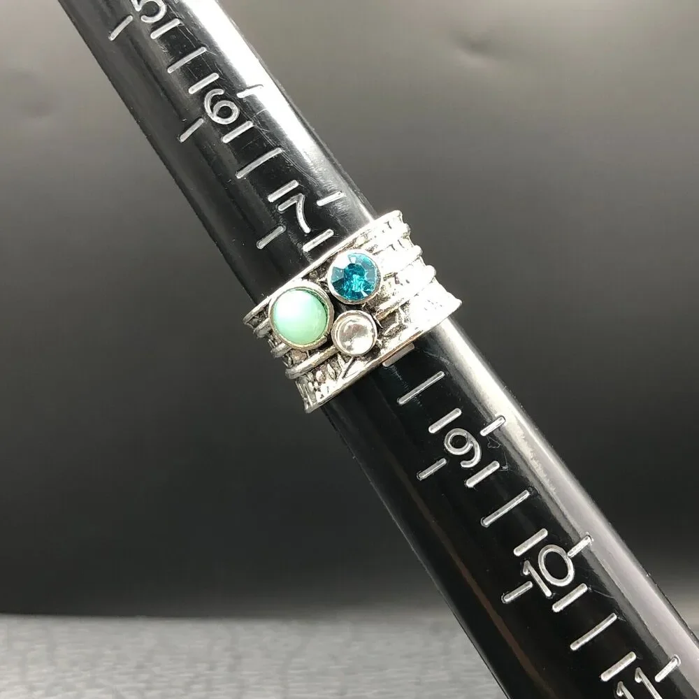 Modern Art Ring‎ Size 7.5 Blue Bezel Set Crystals Textured Silver Tone Wide Band